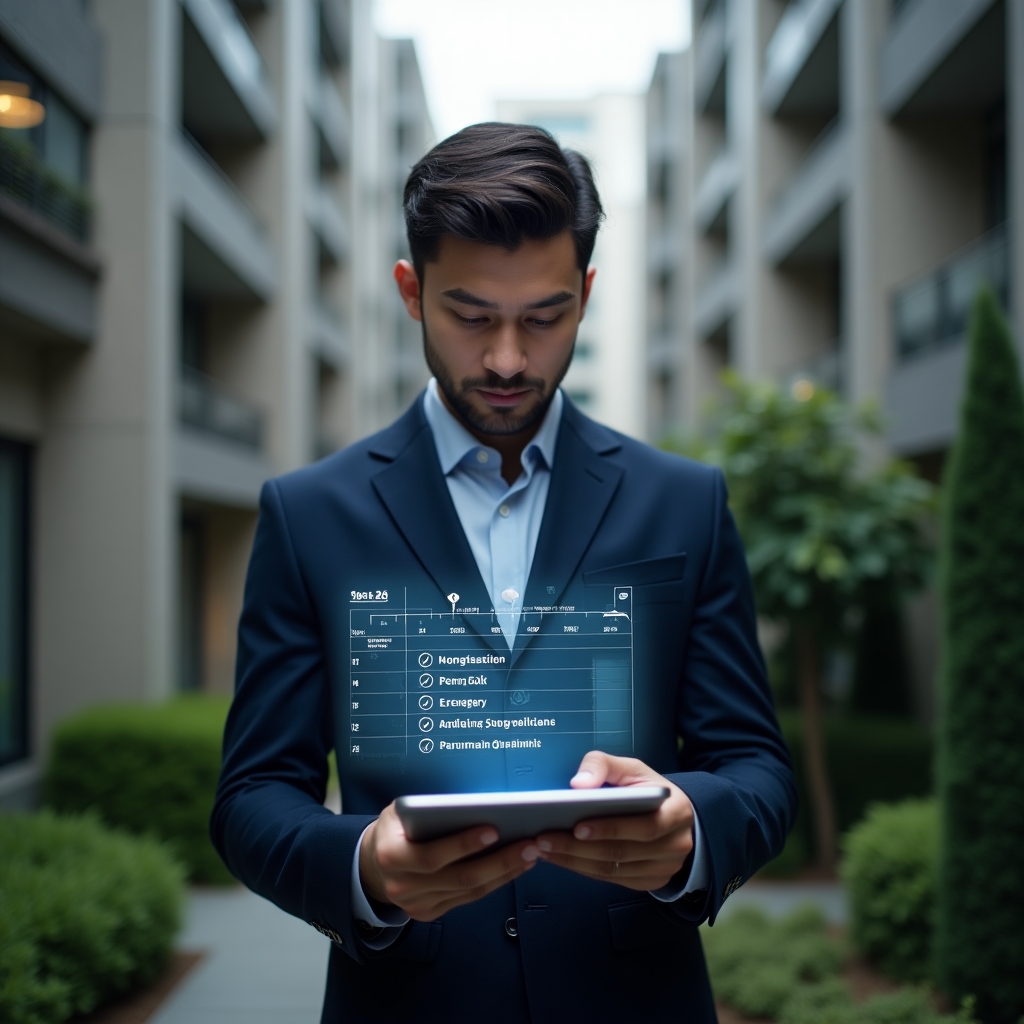 Ultra-realistic condominium manager in a tailored dark blue suit, set in a modern luxury condominium environment with high-rise buildings and lush green landscaping, confidently reviewing a digital tablet displaying a maintenance schedule with a holographic timeline of tasks and checkmarks, cinematic lighting, shallow depth of field, highly detailed textures, realistic skin, photographic realism, 8k resolution --ar 1:1 --v 6