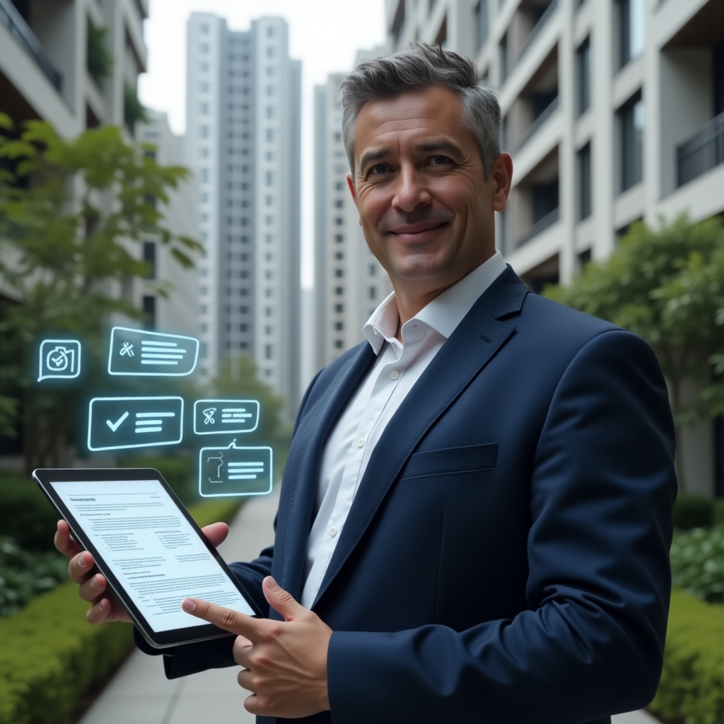 (Ultra-realistic condominium manager in a tailored navy blue suit, set in a modern luxury condominium environment with high-rise buildings and manicured gardens, holding a digital tablet displaying a holographic regulation document and pointing at floating checklist and chat-bubble icons symbolizing clear rules and collective debate, conveying confidence and collaboration, cinematic lighting, shallow depth of field, highly detailed textures, realistic skin, photographic realism, 8k resolution --ar 1:1 --v 6)