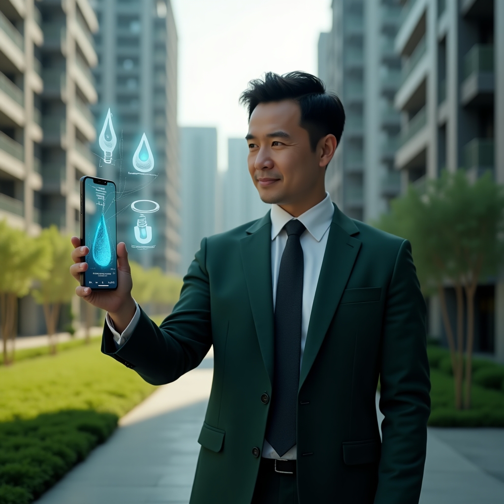 Ultra-realistic condominium manager in a dark green suit, set in a modern luxury condominium environment with high-rise buildings and meticulously landscaped green areas, pointing at a floating holographic smartphone interface displaying water drop and light bulb icons with consumption graphs, conveying confident engagement, cinematic lighting, shallow depth of field, highly detailed textures, realistic skin, photographic realism, 8k resolution --ar 1:1 --v 6