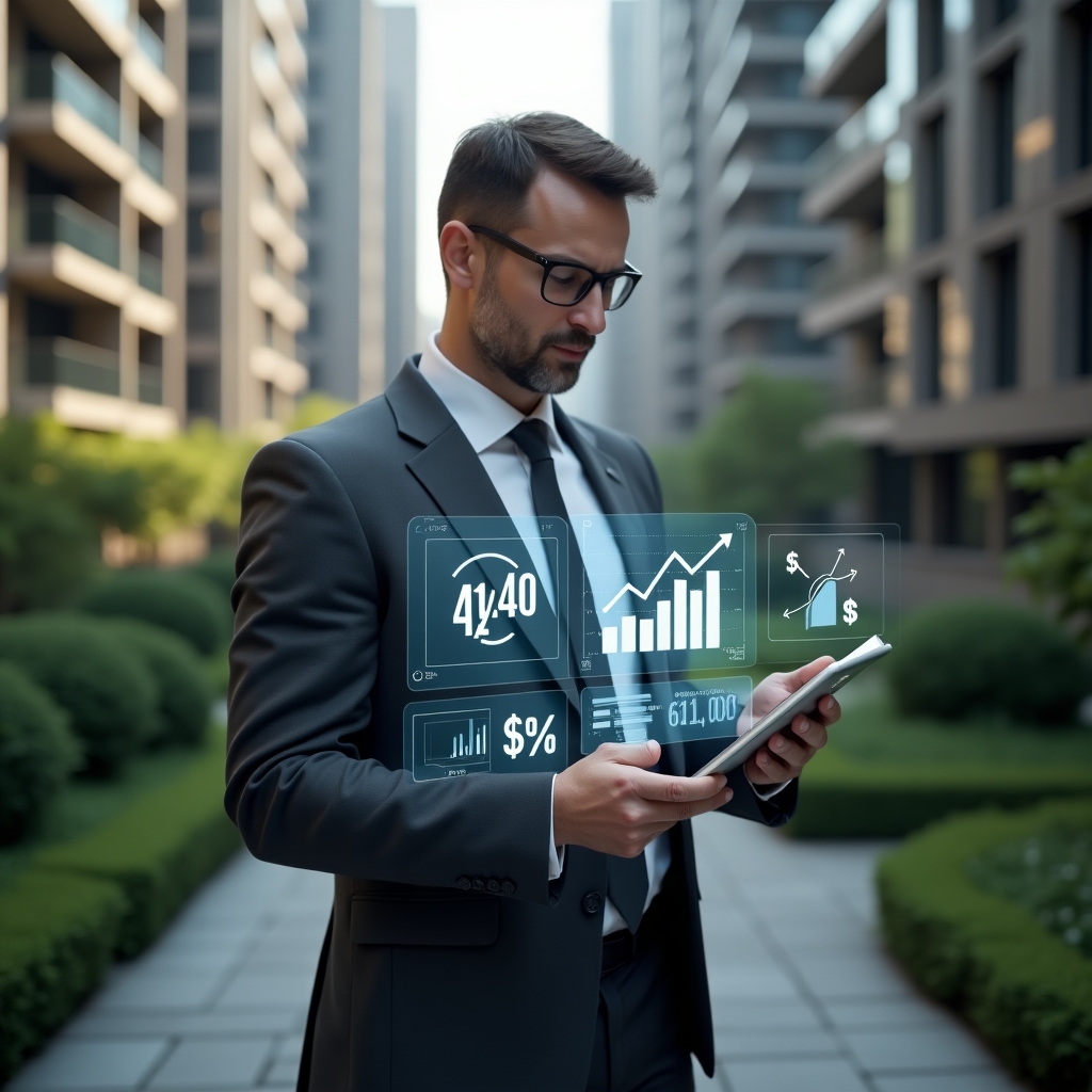 (Ultra-realistic condo manager in a charcoal gray suit, set in a modern luxury condominium environment with high-rise buildings and meticulously landscaped greenery, holding a tablet projecting holographic expense charts and money-saving icons, thoughtful and confident pose as he analyzes financial data, cinematic lighting, shallow depth of field, highly detailed textures, realistic skin, photographic realism, 8k resolution --ar 1:1 --v 6)