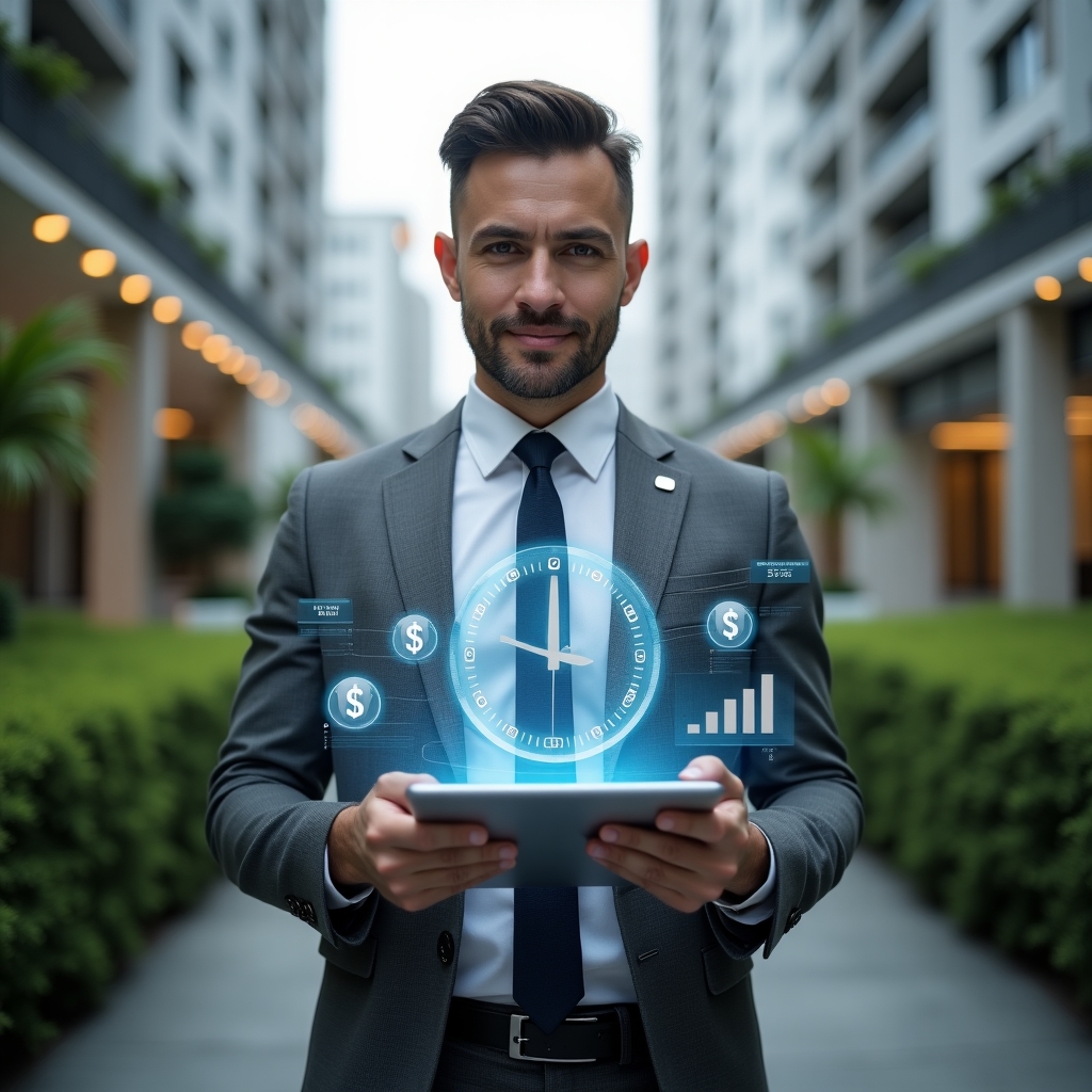 Ultra-realistic condominium manager in a tailored gray suit, set in a modern luxury condominium environment with high-rise buildings and manicured greenery, holding a tablet displaying a management app interface with floating holographic clock and dollar icons representing time and cost savings, confident and focused expression, digital interface overlays and holographic charts around, cinematic lighting, shallow depth of field, highly detailed textures, realistic skin, photographic realism, 8k resolution --ar 1:1 --v 6