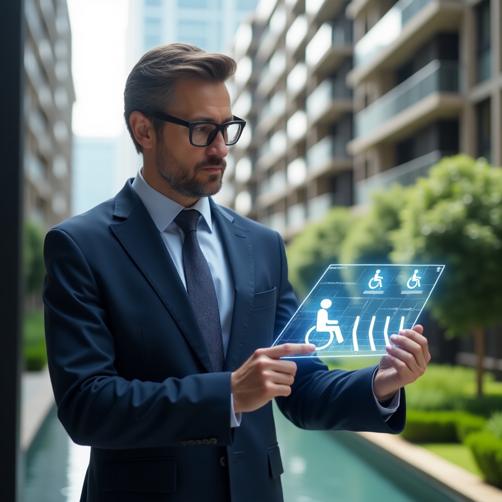 (Ultra-realistic male condominium manager in a tailored navy-blue suit, set in a modern luxury condominium environment with high-rise buildings and manicured green landscaping, examining a holographic ramp blueprint while pointing towards wheelchair accessibility icons, conveying thoughtful confidence and inclusivity, cinematic lighting, shallow depth of field, highly detailed textures, realistic skin, photographic realism, 8k resolution --ar 1:1 --v 6)