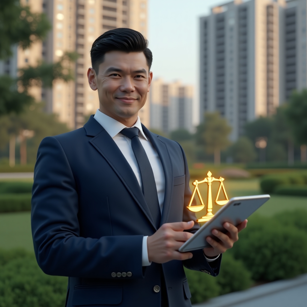 Ultra-realistic condominium manager in a navy blue tailored suit, set in a modern luxury condominium environment with high-rise buildings and meticulously landscaped greenery, mid shot, confident and approachable expression, holding a digital tablet projecting a holographic golden scales icon symbolizing harmony and community rules, cinematic lighting, shallow depth of field, highly detailed textures, realistic skin, photographic realism, 8k resolution --ar 1:1 --v 6
