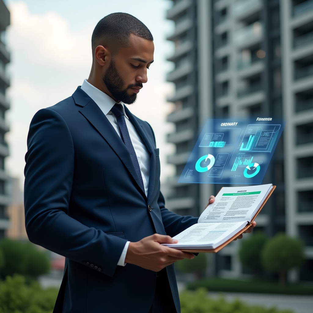Ultra-realistic condominium manager in a navy blue tailored suit, set in a modern luxury condominium environment with high-rise buildings and green landscaping, holding two financial ledgers labeled “Ordinary Expenses” and “Extraordinary Expenses” while thoughtfully comparing them, with holographic pie charts and budget icons floating above the documents, cinematic lighting, shallow depth of field, highly detailed textures, realistic skin, photographic realism, 8k resolution --ar 1:1 --v 6