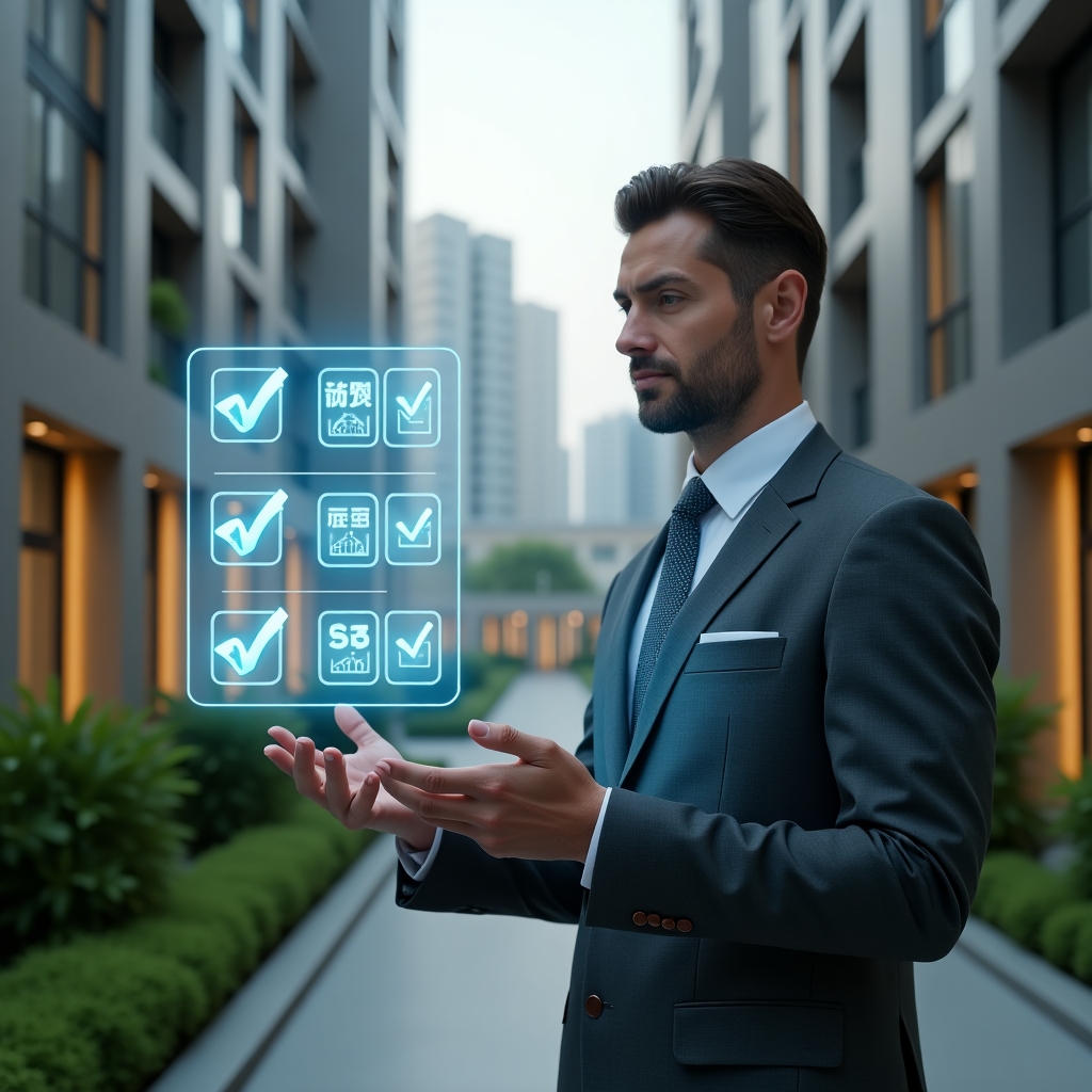 (Ultra-realistic condominium manager in a charcoal gray suit, set in a modern luxury condominium environment with high-rise buildings and manicured green landscaping, medium shot, confidently interacting with a holographic online voting interface displaying checkmarks and digital ballots, symbolizing streamlined decision-making, cinematic lighting, shallow depth of field, highly detailed textures, realistic skin, photographic realism, 8k resolution --ar 1:1 --v 6)