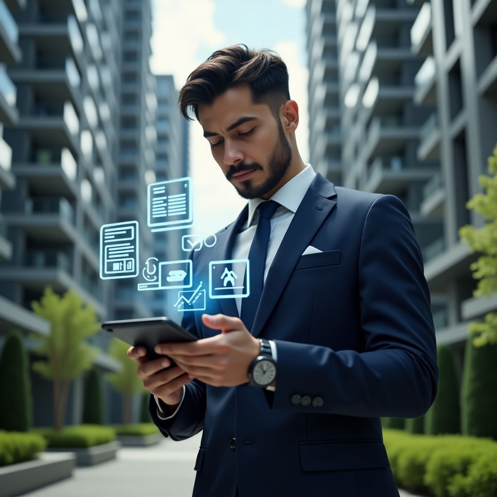 (Ultra-realistic condominium manager in a tailored navy blue suit, set in a modern luxury condominium environment with high-rise glass buildings and manicured green landscaping, medium shot, confidently interacting with a tablet displaying floating holographic icons of chat bubbles, financial charts, and maintenance tools, cinematic lighting, shallow depth of field, highly detailed textures, realistic skin, photographic realism, 8k resolution --ar 1:1 --v 6)
