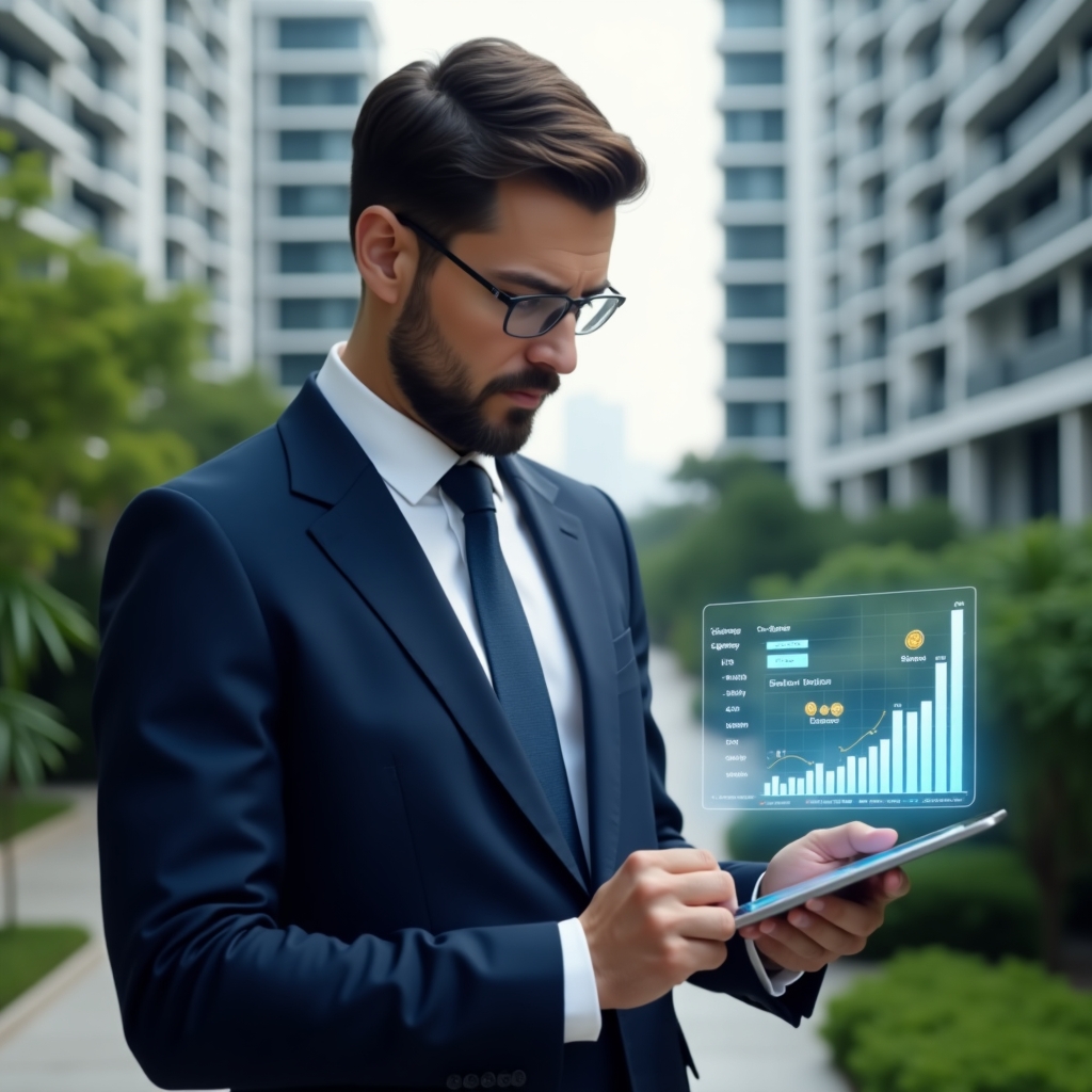 (Ultra-realistic condominium manager in a tailored navy blue suit with a crisp white shirt, set in a modern luxury condominium environment with high-rise buildings and lush green landscaping, medium shot of the manager holding a tablet and reviewing a floating holographic budget chart with expense forecasts and coin icons, focused and confident expression, cinematic lighting, shallow depth of field, highly detailed textures, realistic skin, photographic realism, 8k resolution --ar 1:1 --v 6)