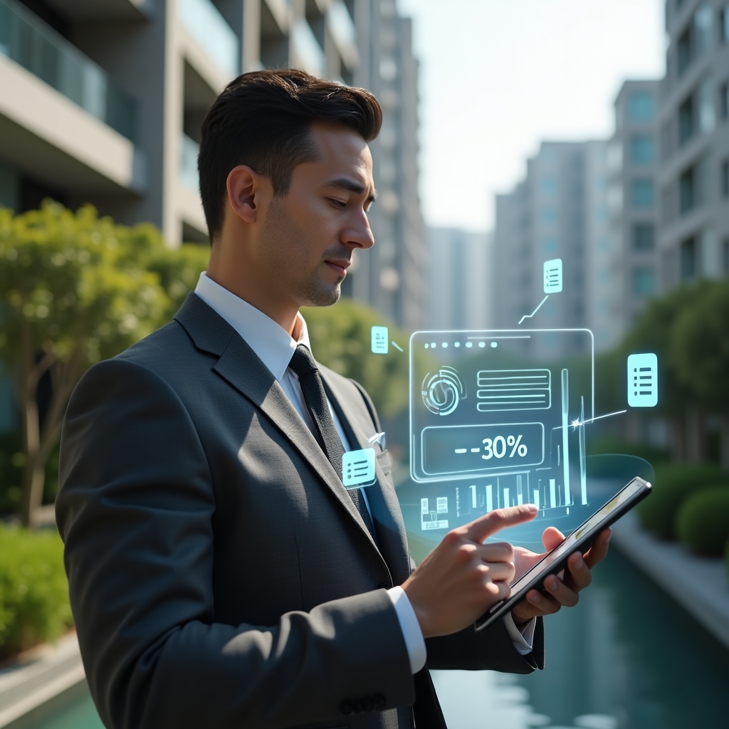 (Ultra-realistic condominium manager in a charcoal gray suit, set in a modern luxury condominium environment with high-rise buildings and lush green landscaping, examining a tablet projecting a holographic expense reduction chart showing “–30%”, confident and focused expression, floating digital icons of contracts and a mobile app interface, cinematic lighting, shallow depth of field, highly detailed textures, realistic skin, photographic realism, 8k resolution --ar 1:1 --v 6)