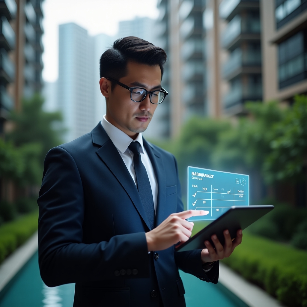 (Ultra-realistic professional condo manager in a dark navy executive suit, set in a modern luxury condominium environment with high-rise buildings and lush green landscaping, mid-shot holding a digital tablet projecting a holographic maintenance schedule, confidently pointing at a highlighted task with checkmark and clock icons floating around, cinematic lighting, shallow depth of field, highly detailed textures, realistic skin, photographic realism, 8k resolution --ar 1:1 --v 6)