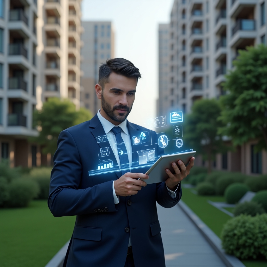 Ultra-realistic property manager in a dark blue tailored suit, set in a modern luxury condominium environment with high-rise buildings and meticulously landscaped green areas, holding a transparent tablet displaying holographic management dashboards, pointing at floating icons of invoices, calendars and chat bubbles, cinematic lighting, shallow depth of field, highly detailed textures, realistic skin, photographic realism, 8k resolution --ar 1:1 --v 6