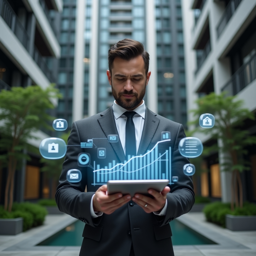 Ultra-realistic condominium manager in a charcoal gray suit, set in a modern luxury condominium environment with high-rise buildings and well-maintained greenery, holding a tablet displaying floating holographic financial graphs, analyzing cost-benefit data confidently, with glowing app interface icons around, cinematic lighting, shallow depth of field, highly detailed textures, realistic skin, photographic realism, 8k resolution --ar 1:1 --v 6