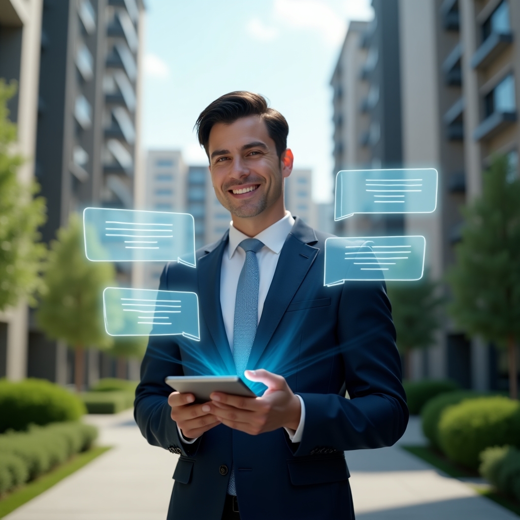 (Ultra-realistic condominium manager in a dark blue tailored suit, set in a modern luxury condominium environment with high-rise buildings and manicured green landscaping, holding a digital tablet displaying chat messages and smiling confidently, holographic chat bubbles floating around to symbolize efficient communication, cinematic lighting, shallow depth of field, highly detailed textures, realistic skin, photographic realism, 8k resolution --ar 1:1 --v 6)