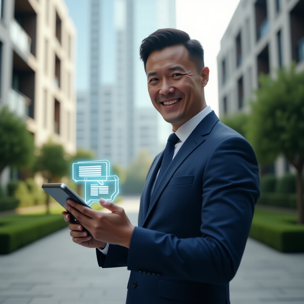 Ultra-realistic property manager in a navy-blue tailored suit, medium shot in a modern luxury condominium environment with high-rise buildings and manicured green landscaping, holding a tablet displaying holographic chat bubbles and a virtual bulletin board icon, smiling confidently to symbolize real-time engagement, cinematic lighting, shallow depth of field, highly detailed textures, realistic skin, photographic realism, 8k resolution --ar 1:1 --v 6