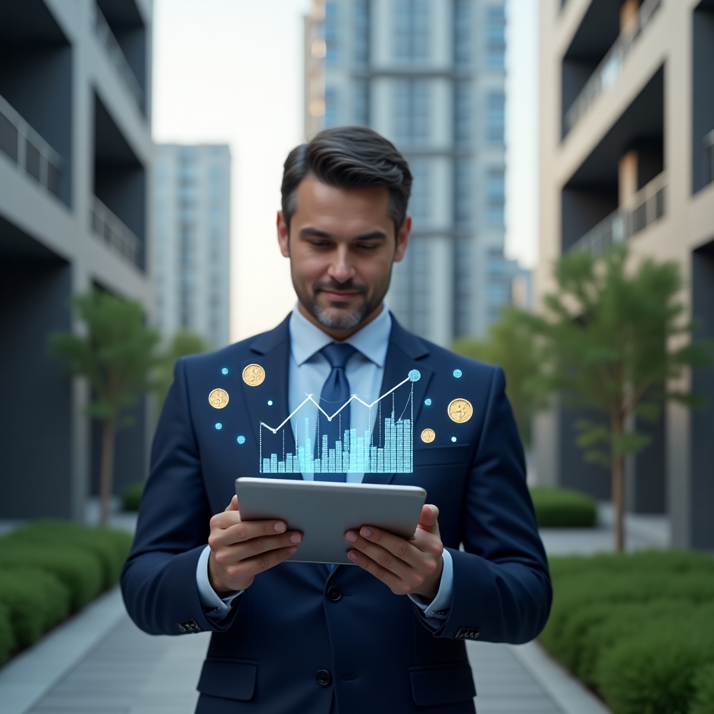 (Ultra-realistic condominium manager in a navy blue tailored suit, set in a modern luxury condominium environment with high-rise buildings and green landscaping, reviewing a holographic budget dashboard on a tablet with a confident expression, floating icons of coins and descending bar charts symbolizing cost reduction, cinematic lighting, shallow depth of field, highly detailed textures, realistic skin, photographic realism, 8k resolution --ar 1:1 --v 6)