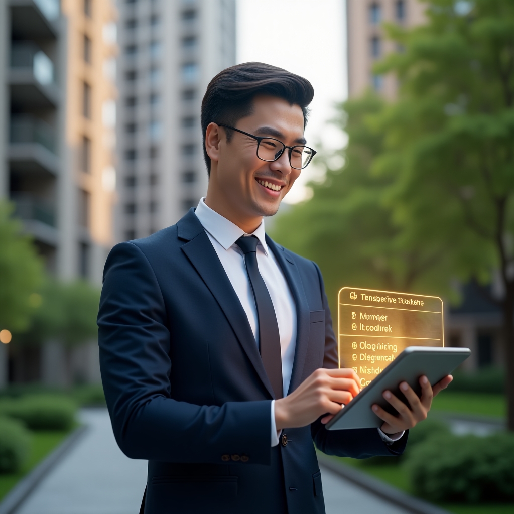 (Ultra-realistic condominium manager in a tailored navy blue suit, set in a modern luxury condominium environment with high-rise buildings and lush green landscaping, reviewing a holographic golden checklist of ten rules on a digital tablet while smiling confidently to convey harmonious community building, cinematic lighting, shallow depth of field, highly detailed textures, realistic skin, photographic realism, 8k resolution --ar 1:1 --v 6)