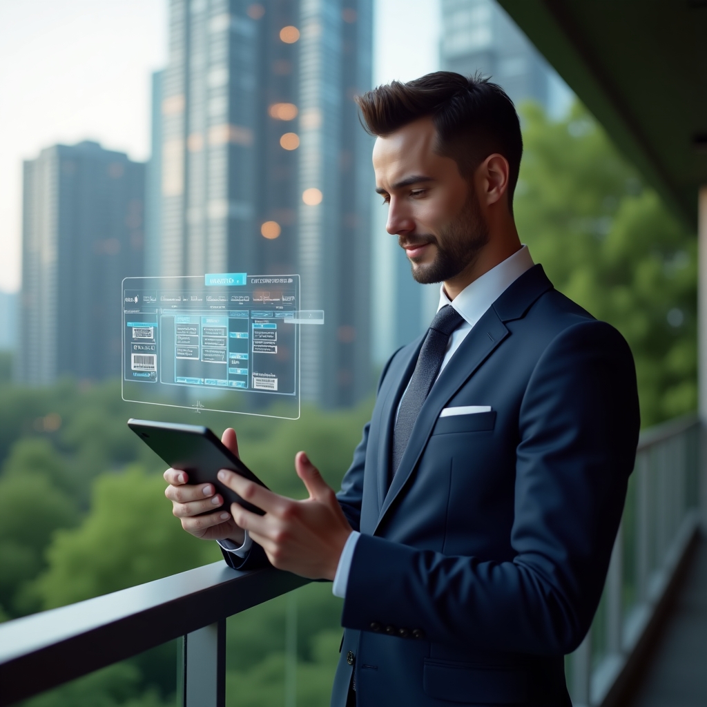 (Ultra-realistic property manager in a navy business suit, set in a modern luxury condominium environment with high-rise buildings and lush green landscaping, examining a digital tablet showing a holographic calendar timeline of condominium tasks, focused and confident expression, cinematic lighting, shallow depth of field, highly detailed textures, realistic skin, photographic realism, 8k resolution --ar 1:1 --v 6)