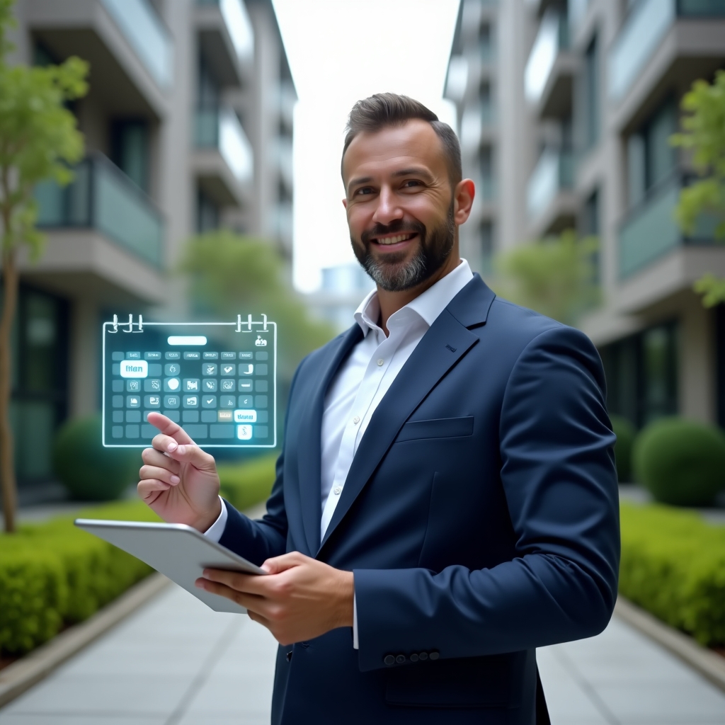 (Ultra-realistic condominium manager in a navy blue tailored suit, set in a modern luxury condominium environment with high-rise buildings and manicured green landscaping, mid shot with shallow depth of field, holding a tablet displaying a digital schedule, pointing at a holographic calendar overlay with checkmarks and chat icons symbolizing task deadlines and effective communication, confident expression, cinematic lighting, highly detailed textures, realistic skin, photographic realism, 8k resolution --ar 1:1 --v 6)