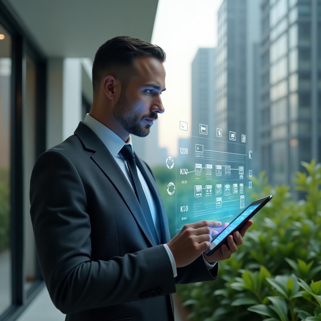 (Ultra-realistic condominium manager in a dark gray suit, set in a modern luxury condominium environment with high-rise glass towers and lush green landscaping, interacting with a floating holographic calendar schedule projected from a tablet, digital timeline icons hovering around, focused and confident expression, cinematic lighting, shallow depth of field, highly detailed textures, realistic skin, photographic realism, 8k resolution --ar 1:1 --v 6)