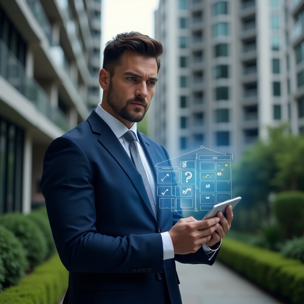 Ultra-realistic condominium manager in a navy blue suit, set in a modern luxury condominium environment with high-rise buildings and manicured green landscaping, holding a tablet displaying a holographic calendar schedule, analyzing and planning tasks step by step with floating icons of checkmarks and calendar symbols, confident expression, cinematic lighting, shallow depth of field, highly detailed textures, realistic skin, photographic realism, 8k resolution --ar 1:1 --v 6