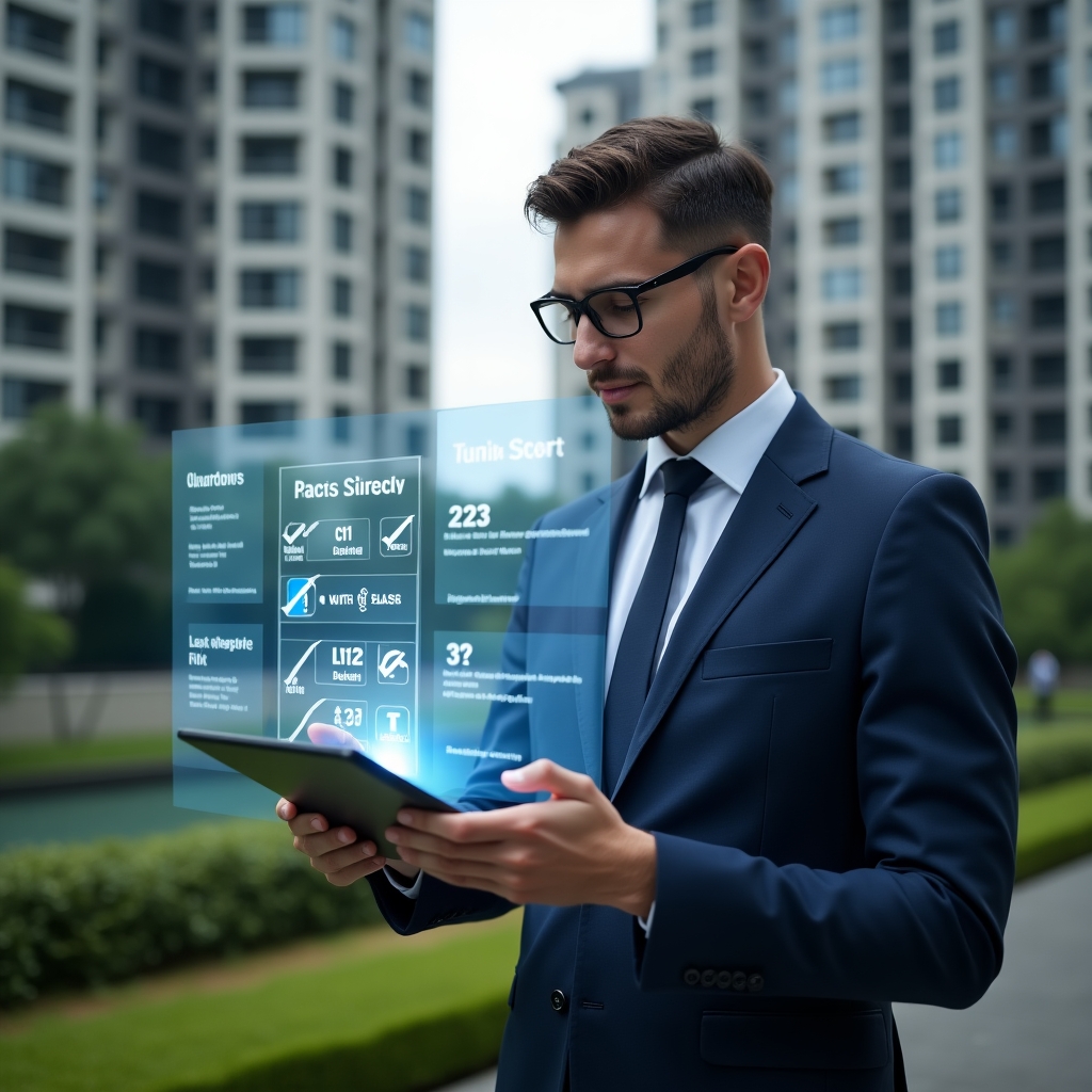 (Ultra-realistic condominium manager in a navy business suit, set in a modern luxury condominium environment with high-rise buildings and green landscaping, reviewing a holographic task schedule projected above a tablet with a confident expression, floating digital calendar icons and check marks symbolizing efficient task planning, cinematic lighting, shallow depth of field, highly detailed textures, realistic skin, photographic realism, 8k resolution --ar 1:1 --v 6)