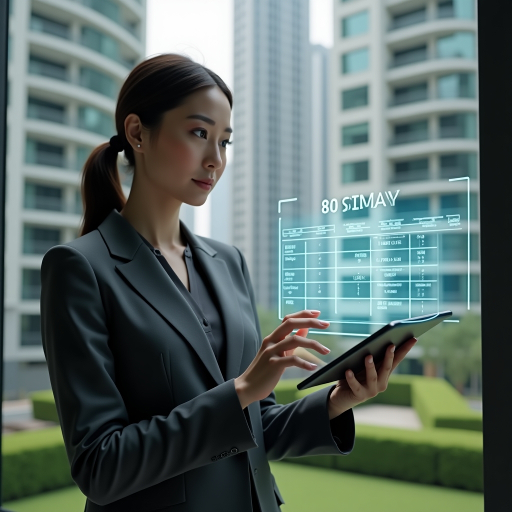 Ultra-realistic female condominium manager in a tailored charcoal gray business suit, set in a modern luxury condominium environment with high-rise buildings and well-maintained green landscaping, reviewing a digital tablet projecting a holographic 3D calendar of scheduled tasks beside her, conveying confidence and organization, cinematic lighting, shallow depth of field, highly detailed textures, realistic skin, photographic realism, 8k resolution --ar 1:1 --v 6