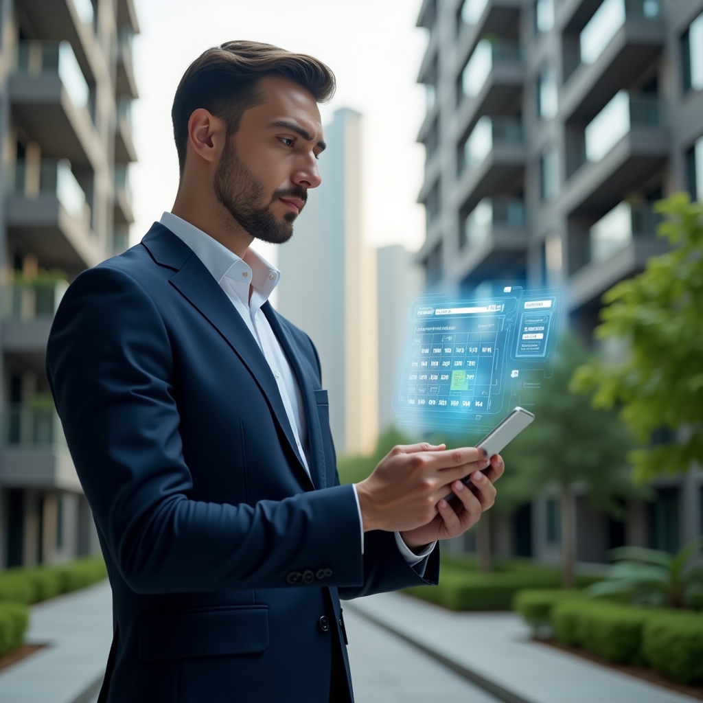 Ultra-realistic property manager in a navy suit, set in a modern luxury condominium environment with high-rise buildings and lush green landscaping, reviewing a holographic digital schedule with floating calendar and task icons, confident and focused expression, cinematic lighting, shallow depth of field, highly detailed textures, realistic skin, photographic realism, 8k resolution --ar 1:1 --v 6