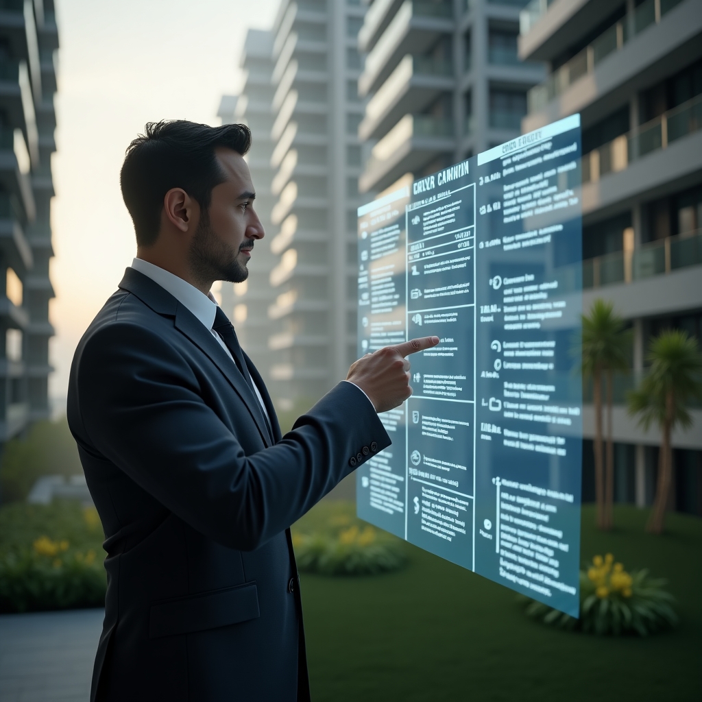 Ultra-realistic condominium manager in a tailored charcoal suit, set in a modern luxury condominium environment with high-rise buildings and manicured green landscaping, examining a floating holographic activity schedule, confidently pointing at calendar entries and task icons representing efficient planning, cinematic lighting, shallow depth of field, highly detailed textures, realistic skin, photographic realism, 8k resolution --ar 1:1 --v 6