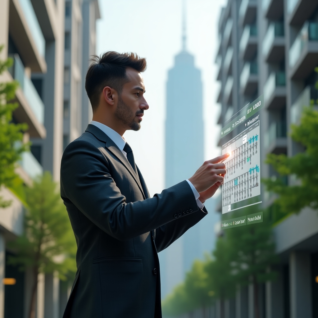 (Ultra-realistic condominium manager in a charcoal gray tailored suit, set in a modern luxury condominium environment with high-rise buildings and lush green landscaping, mid-shot of the manager confidently interacting with a semi-transparent holographic maintenance schedule interface, floating calendar icons and timeline bars symbolizing organized tasks, cinematic lighting, shallow depth of field, highly detailed textures, realistic skin, photographic realism, 8k resolution --ar 1:1 --v 6)
