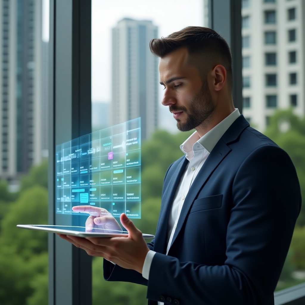 Ultra-realistic condominium manager in a sleek navy suit, set in a modern luxury condominium environment with high-rise buildings and lush green landscaping, tapping on a holographic calendar schedule above a tablet with floating task icons representing maintenance and meetings, cinematic lighting, shallow depth of field, highly detailed textures, realistic skin, photographic realism, 8k resolution --ar 1:1 --v 6