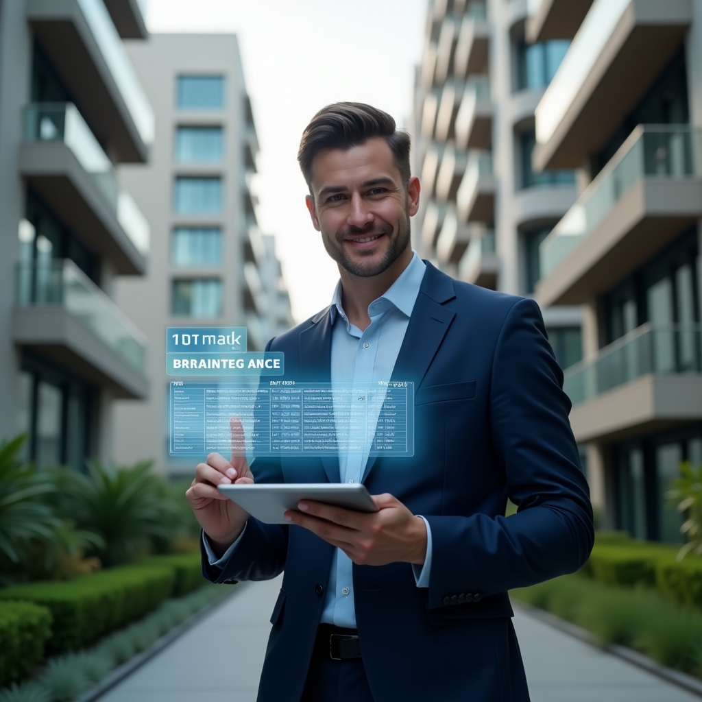 (Ultra-realistic condominium manager in a navy blue executive suit, set in a modern luxury condominium environment with high-rise buildings and lush green landscaping, holding a tablet displaying a holographic timeline of maintenance tasks and confidently pointing to a floating digital Gantt chart, cinematic lighting, shallow depth of field, highly detailed textures, realistic skin, photographic realism, 8k resolution --ar 1:1 --v 6)