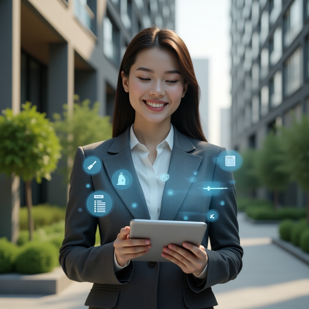 (Ultra-realistic condominium property manager in a charcoal gray business suit, set in a modern luxury condominium environment with high-rise buildings and lush green landscaping, medium shot of a confident professional woman holding a tablet displaying a holographic cleaning schedule, floating icons of brooms and checklists around the display, cinematic lighting, shallow depth of field, highly detailed textures, realistic skin, photographic realism, 8k resolution --ar 1:1 --v 6)