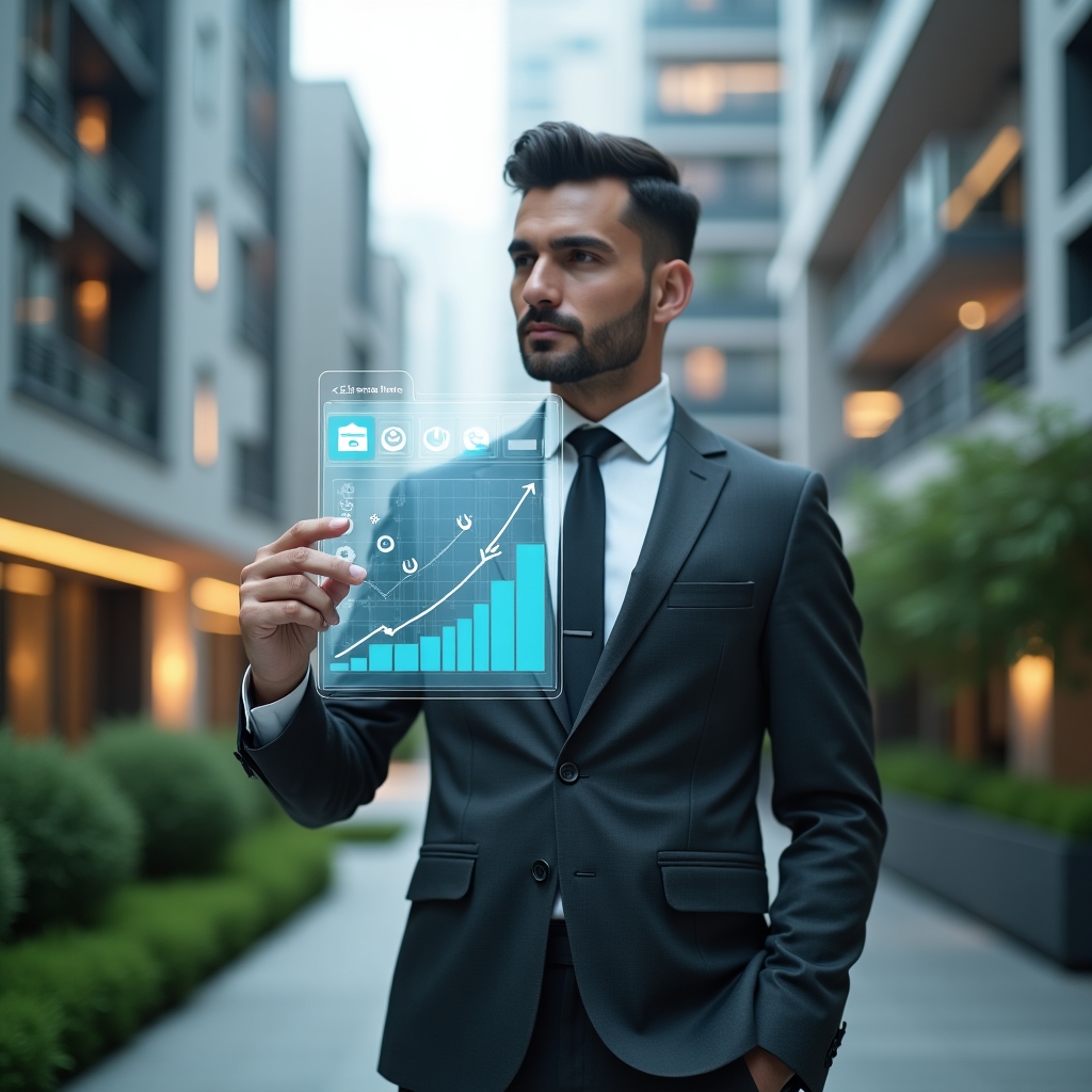 (Ultra-realistic property manager in a charcoal gray suit, set in a modern luxury condominium environment with high-rise buildings and green landscaping, mid-shot of a professional confidently analyzing a transparent holographic maintenance schedule interface displaying calendar icons, wrench symbols and an upward arrow chart symbolizing property value, cinematic lighting, shallow depth of field, highly detailed textures, realistic skin, photographic realism, 8k resolution --ar 1:1 --v 6)