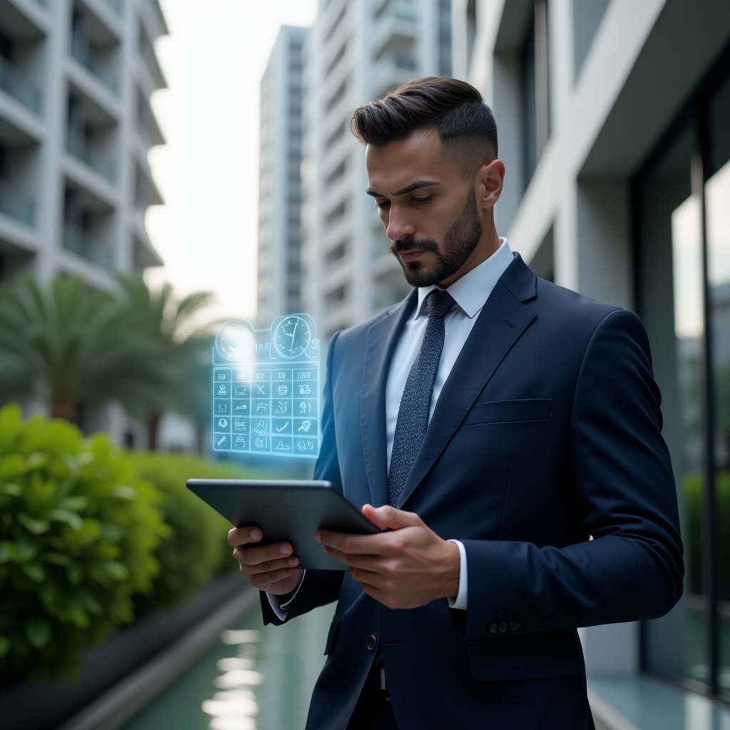(Ultra-realistic condominium manager in a navy executive suit, set in a modern luxury condominium environment with high-rise buildings and lush green landscaping, reviewing a digital tablet displaying a floating holographic preventive maintenance schedule with tool and clock icons, confident and focused expression, cinematic lighting, shallow depth of field, highly detailed textures, realistic skin, photographic realism, 8k resolution --ar 1:1 --v 6)