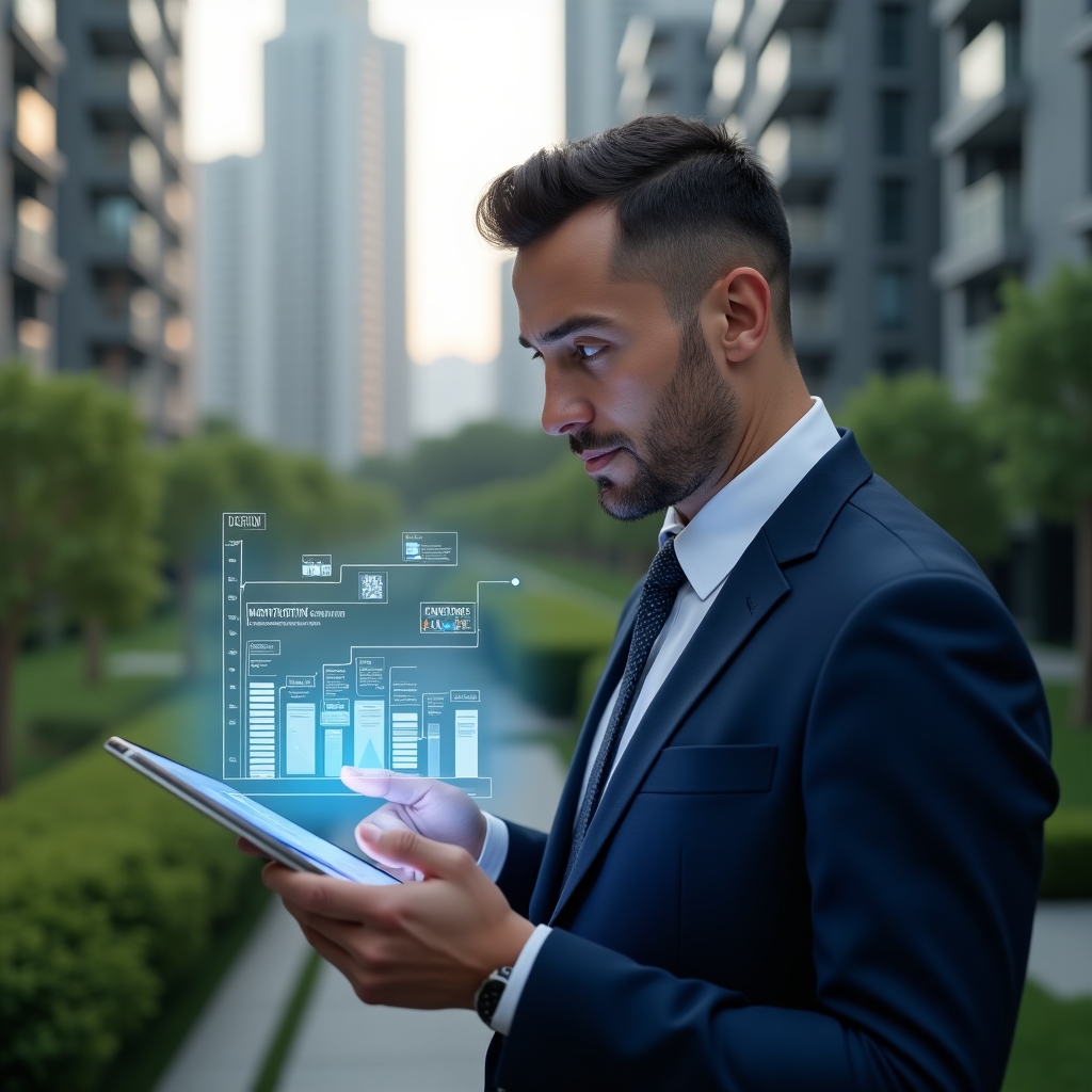 (Ultra-realistic condominium property manager in a navy blue suit, set in a modern luxury condominium environment with high-rise buildings and lush green landscaping, examining a holographic project timeline floating above a digital tablet, with floating schedule icons and timeline bars representing construction phases, confident and focused expression, cinematic lighting, shallow depth of field, highly detailed textures, realistic skin, photographic realism, 8k resolution --ar 1:1 --v 6)