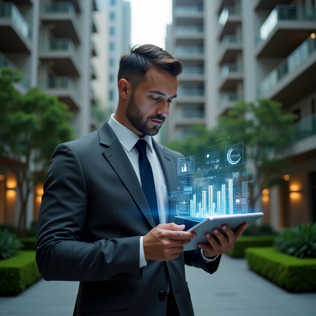 (Ultra-realistic condominium manager in a charcoal grey tailored suit, set in a modern luxury condominium environment with high-rise buildings and meticulously manicured green landscaping, reviewing a digital tablet projecting holographic financial charts and ledgers representing transparent accounting, confident and focused expression, cinematic lighting, shallow depth of field, highly detailed textures, realistic skin, photographic realism, 8k resolution --ar 1:1 --v 6)