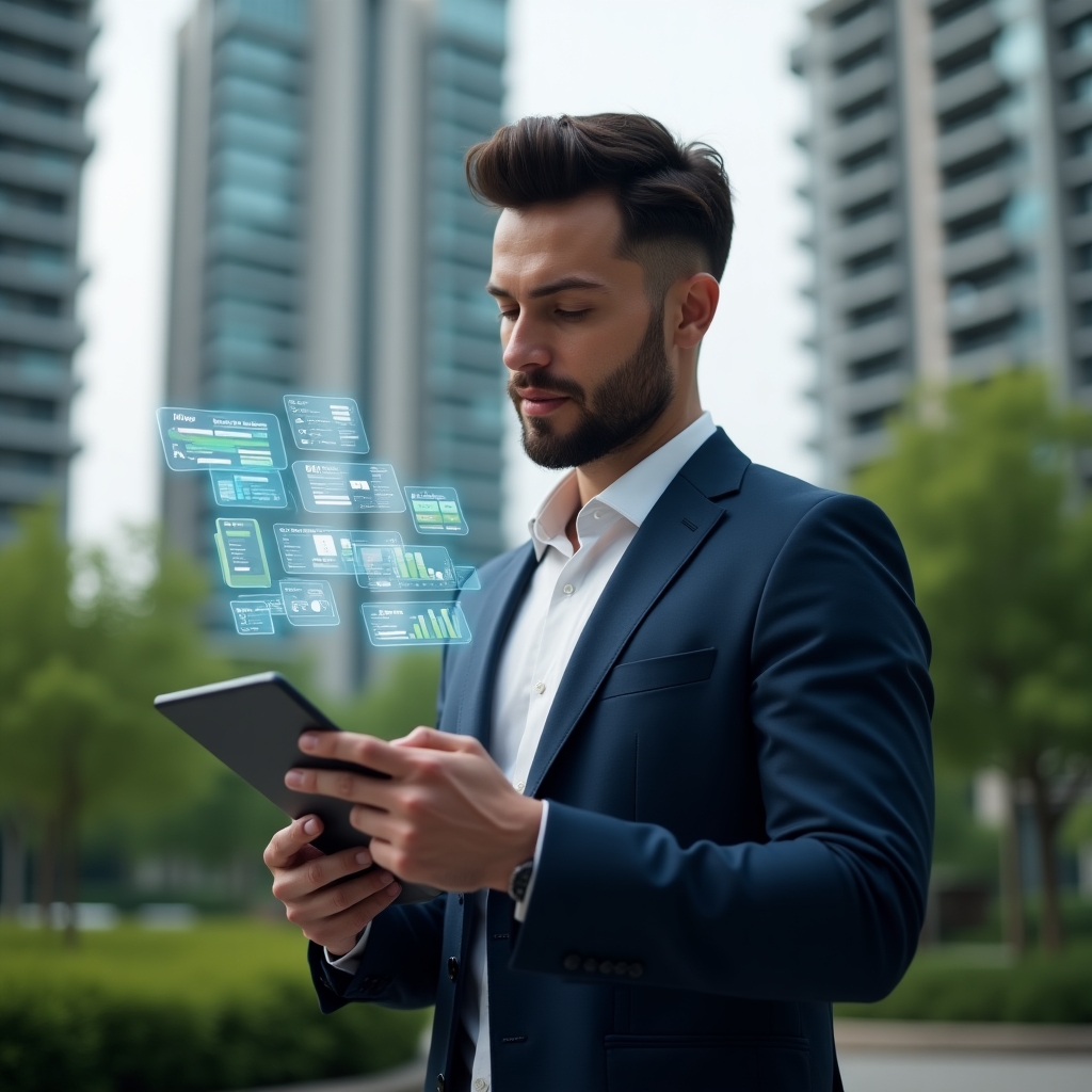(Ultra-realistic condominium manager in a navy business suit, set in a modern luxury condominium environment with high-rise buildings and lush green landscaping, holding a tablet while reviewing app notifications and dashboards, with floating holographic icons representing an condominium management app, confident and thoughtful expression, cinematic lighting, shallow depth of field, highly detailed textures, realistic skin, photographic realism, 8k resolution --ar 1:1 --v 6)