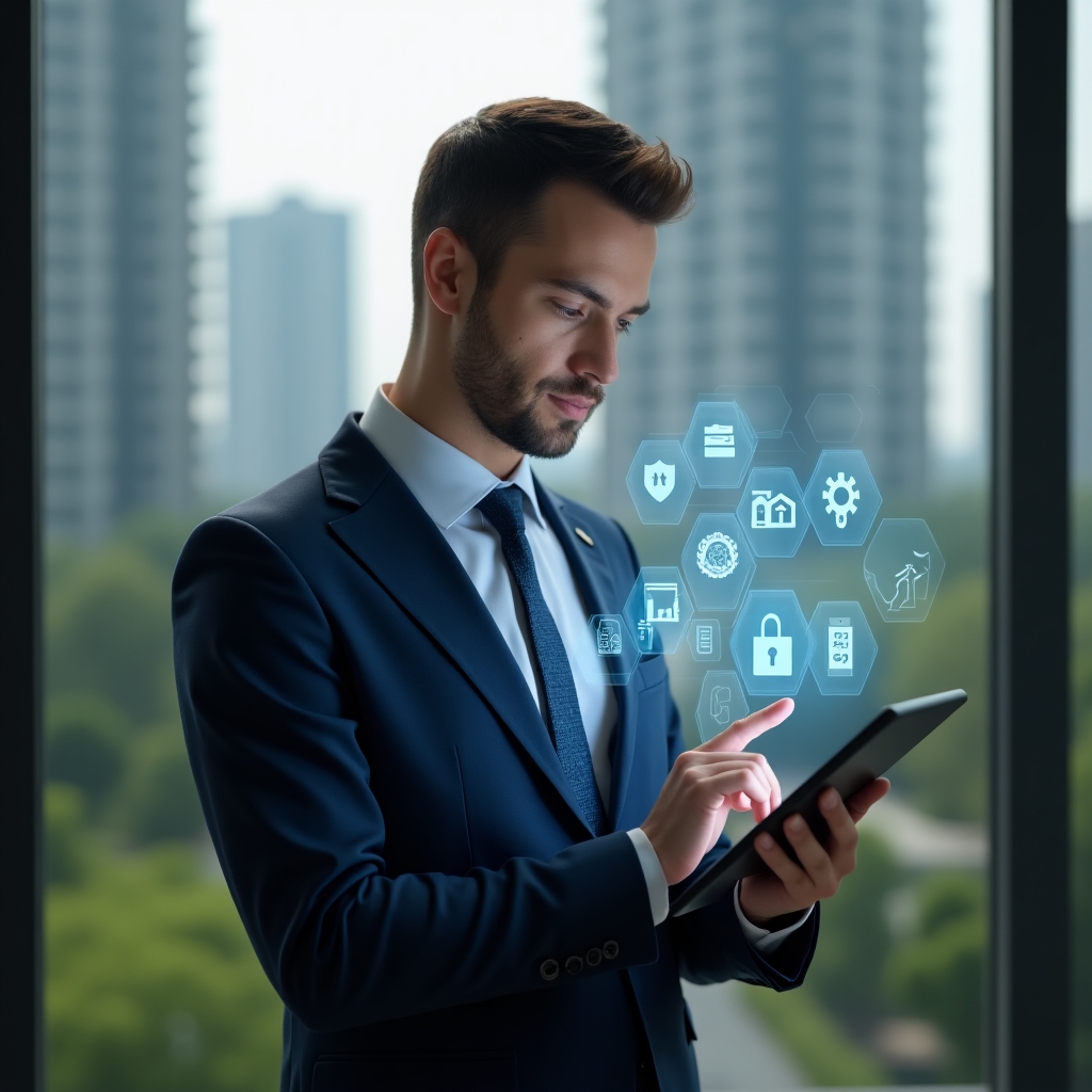 (Ultra-realistic condominium manager in a navy blue business suit, set in a modern luxury condominium environment with high-rise buildings and green landscaping, holding a tablet displaying holographic icons of reservations, financial charts and a security shield, confidently tapping the screen, cinematic lighting, shallow depth of field, highly detailed textures, realistic skin, photographic realism, 8k resolution --ar 1:1 --v 6)