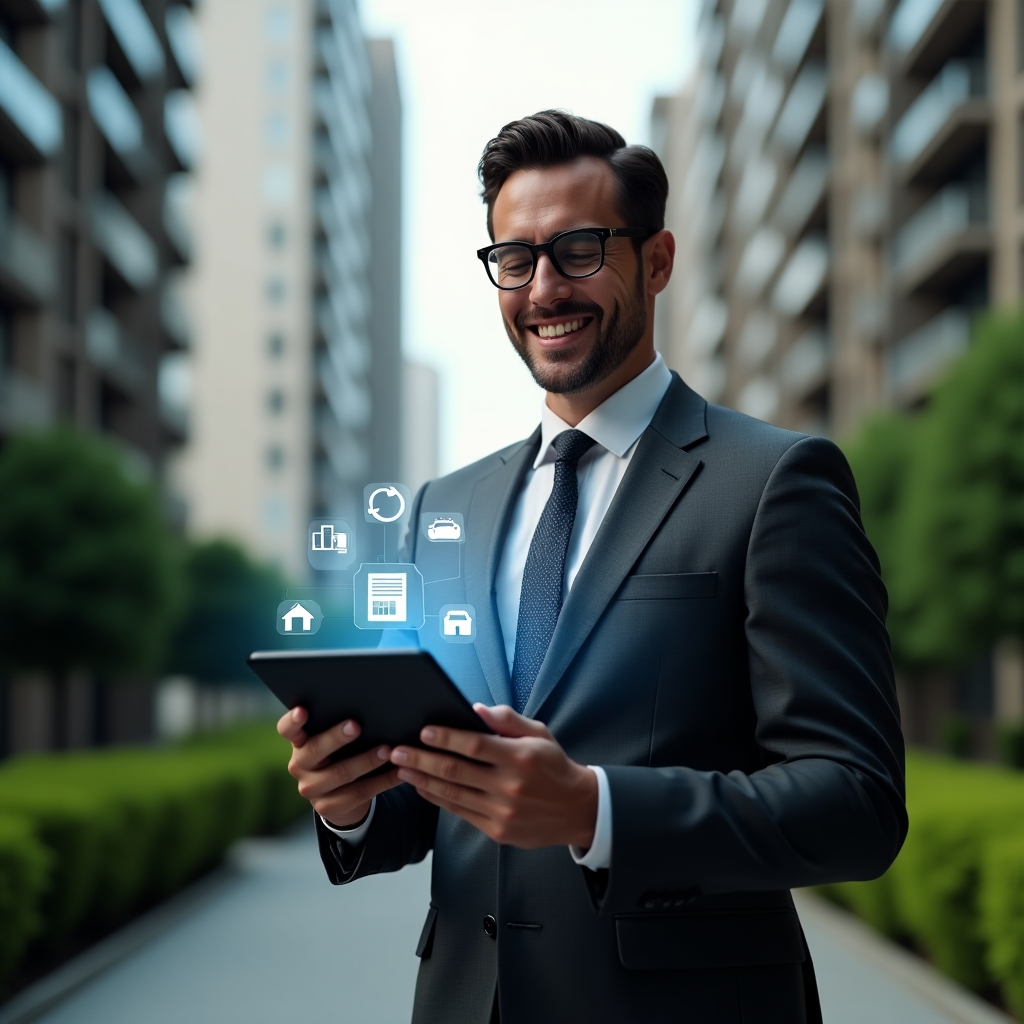 Ultra-realistic condominium manager in a charcoal gray suit, set in a modern luxury condominium environment with high-rise buildings and manicured green landscaping, mid-shot of a confident manager holding a tablet displaying a holographic condo management app interface with floating icons for finances, reservations and notifications, cinematic lighting, shallow depth of field, highly detailed textures, realistic skin, photographic realism, 8k resolution --ar 1:1 --v 6