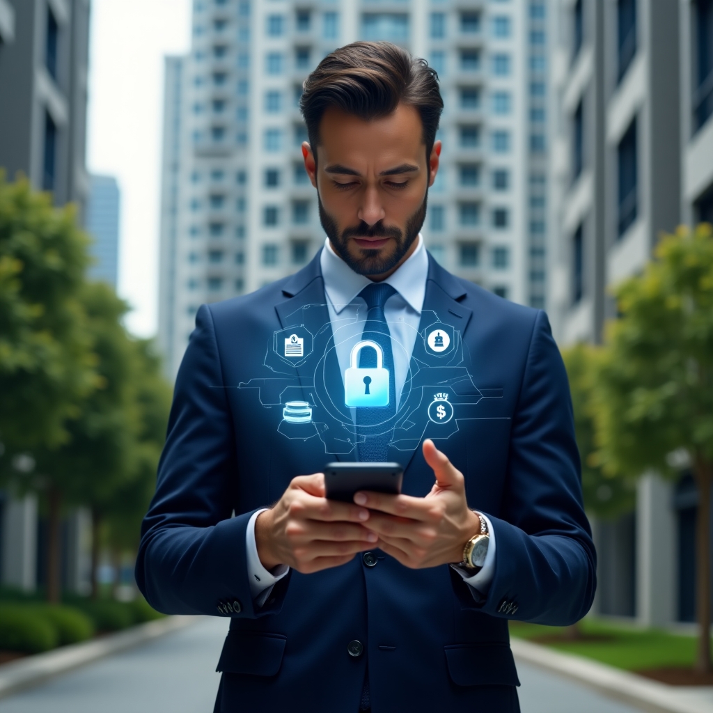 Ultra-realistic condominium manager in a navy blue suit, set in a modern luxury condominium environment with high-rise buildings and green landscaping, holding a smartphone projecting holographic app icons (padlock for security, chart for efficiency, coin stack for cost savings), analyzing the interface with a confident expression, cinematic lighting, shallow depth of field, highly detailed textures, realistic skin, photographic realism, 8k resolution --ar 1:1 --v 6