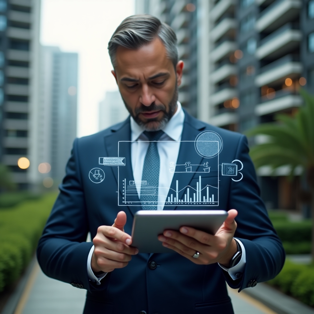 Ultra-realistic condo manager in a navy blue suit, set in a modern luxury condominium environment with high-rise buildings and lush green landscaping, mid-shot close-up of them reviewing a digital tablet displaying renovation budget charts while pointing to a holographic blueprint overlay and floating finance icons, confident and focused expression, cinematic lighting, shallow depth of field, highly detailed textures, realistic skin, photographic realism, 8k resolution --ar 1:1 --v 6