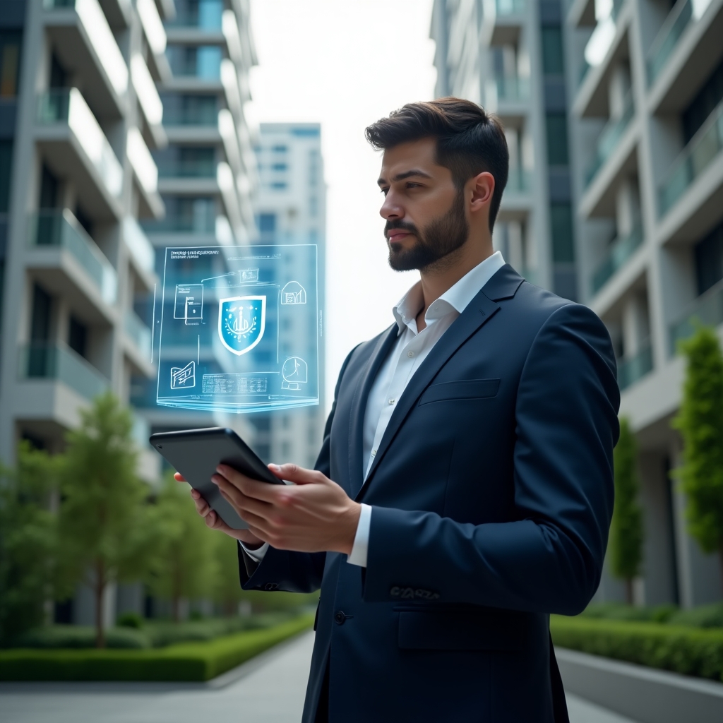 (Ultra-realistic condominium manager in a navy tailored business suit, set in a modern luxury condominium environment with high-rise buildings and manicured green landscaping, holding a digital tablet displaying a floating holographic security dashboard and budget charts, surrounded by holographic shield and CCTV camera icons, thoughtful and confident expression, cinematic lighting, shallow depth of field, highly detailed textures, realistic skin, photographic realism, 8k resolution --ar 1:1 --v 6)