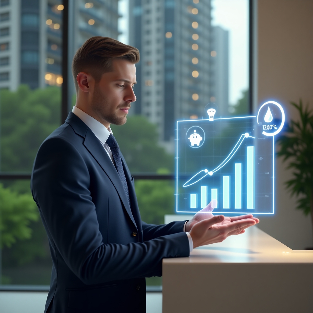 (Ultra-realistic condominium property manager in a tailored navy blue suit, set in a modern luxury condominium environment with high-rise buildings and lush green landscaping, standing at a sleek reception desk analyzing a floating holographic budget chart showing cost reductions, surrounded by floating icons of a piggy bank, light bulb and water droplet symbolizing savings, confident and focused expression, cinematic lighting, shallow depth of field, highly detailed textures, realistic skin, photographic realism, 8k resolution --ar 1:1 --v 6)