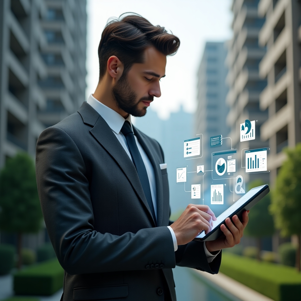 (Ultra-realistic condominium manager in a charcoal gray tailored suit, set in a modern luxury condominium environment with high-rise buildings and manicured gardens, holding a digital tablet projecting a holographic expense dashboard and financial charts, confidently analyzing budgeting data with a focused expression, floating 3D icons of invoices and pie charts around, cinematic lighting, shallow depth of field, highly detailed textures, realistic skin, photographic realism, 8k resolution --ar 1:1 --v 6)