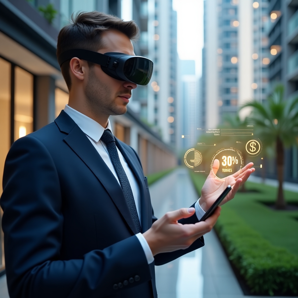 Ultra-realistic condominium manager in a sleek navy blue suit, set in a modern luxury condominium environment with high-rise buildings and manicured green landscaping, analyzing a holographic financial dashboard with cost-reduction charts and a glowing “30%” icon, cinematic lighting, shallow depth of field, highly detailed textures, realistic skin, photographic realism, 8k resolution --ar 1:1 --v 6