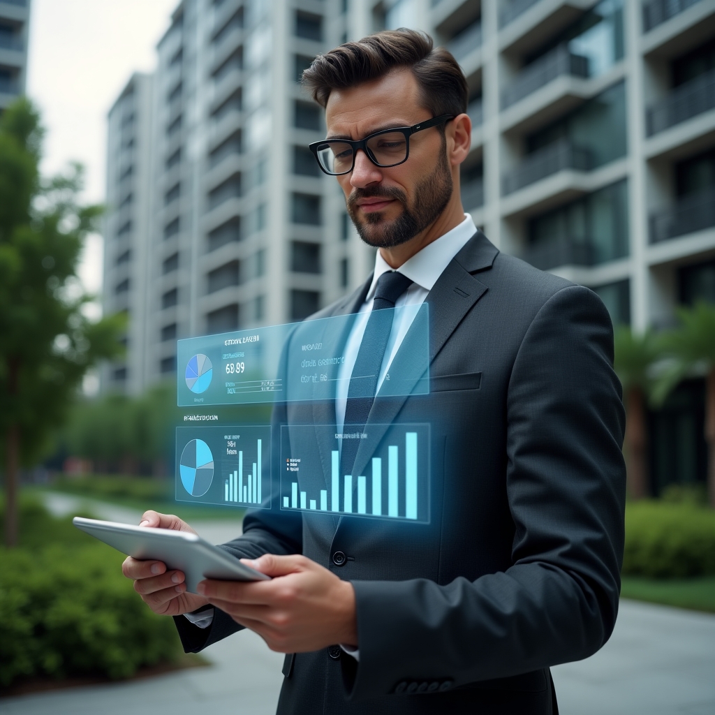 Ultra-realistic condominium manager in a charcoal gray suit, set in a modern luxury condominium environment with high-rise buildings and green landscaping, medium shot of a confident and focused manager holding a tablet projecting holographic pie charts and bar graphs of condominium expenses, cinematic lighting, shallow depth of field, highly detailed textures, realistic skin, photographic realism, 8k resolution --ar 1:1 --v 6