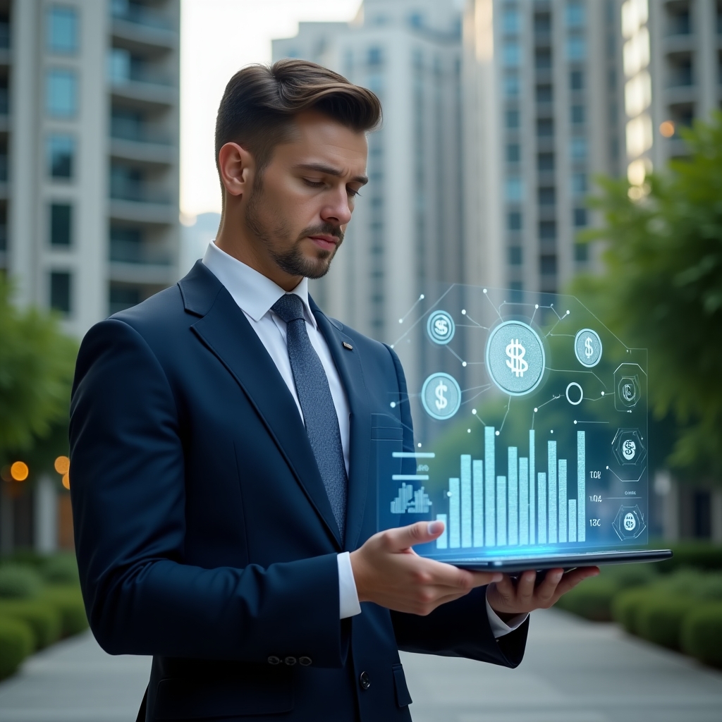 (Ultra-realistic condominium manager in a navy blue suit, set in a modern luxury condominium environment with high-rise buildings and lush green landscaping, holding and analyzing a transparent holographic financial dashboard with floating coin and chart icons, confident and focused expression, cinematic lighting, shallow depth of field, highly detailed textures, realistic skin, photographic realism, 8k resolution --ar 1:1 --v 6)