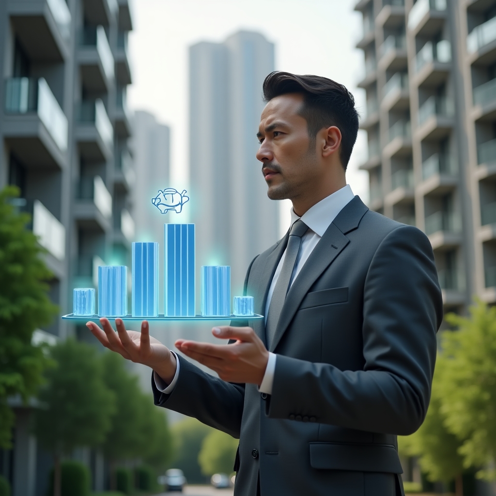 (Ultra-realistic condominium property manager in a charcoal gray tailored suit, set in a modern luxury condominium environment with high-rise buildings and lush green landscaping, mid shot examining a holographic bar chart representing a growing reserve fund, floating piggy bank icon symbolizing financial security, confident and thoughtful expression, cinematic lighting, shallow depth of field, highly detailed textures, realistic skin, photographic realism, 8k resolution --ar 1:1 --v 6)