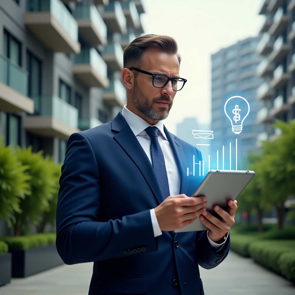 (Ultra-realistic property manager in a tailored navy blue suit, set in a modern luxury condominium environment with high-rise buildings and lush green landscaping, medium shot of the manager holding a tablet and analyzing floating holographic financial charts and LED lightbulb icons representing cost reduction, confident and thoughtful expression, cinematic lighting, shallow depth of field, highly detailed textures, realistic skin, photographic realism, 8k resolution --ar 1:1 --v 6)