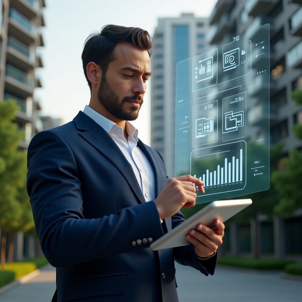 (Ultra-realistic condominium manager in a navy blue suit, set in a modern luxury condominium environment with high-rise buildings and lush green landscaping, medium shot of a focused professional reviewing holographic expense charts and budget icons floating above a digital tablet, confident expression, cinematic lighting, shallow depth of field, highly detailed textures, realistic skin, photographic realism, 8k resolution --ar 1:1 --v 6)