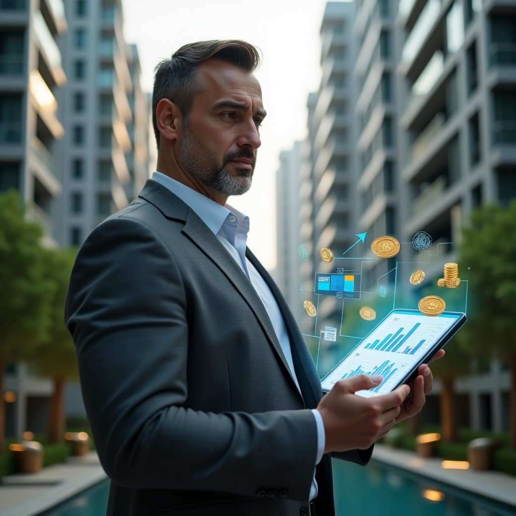 Ultra-realistic condominium manager in a charcoal gray suit, set in a modern luxury condominium environment with high-rise buildings and lush green landscaping, holding a tablet displaying financial graphs and budget spreadsheets, holographic icons of coins and bar charts floating around, analyzing expenses with a confident and focused expression, cinematic lighting, shallow depth of field, highly detailed textures, realistic skin, photographic realism, 8k resolution --ar 1:1 --v 6